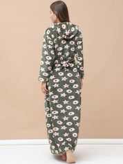Printed Olive Woolen Maternity Nighty Full Length with Hoodie