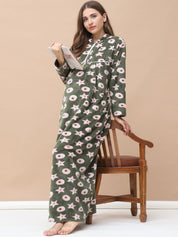 Printed Olive Woolen Maternity Nighty Full Length with Hoodie