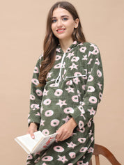 Printed Olive Woolen Maternity Nighty Full Length with Hoodie