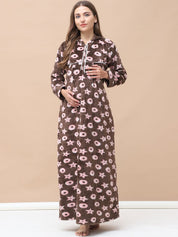 Printed Brown Woolen Maternity Nighty Full Length with Hoodie