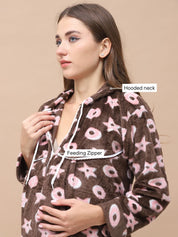 Printed Brown Woolen Maternity Nighty Full Length with Hoodie