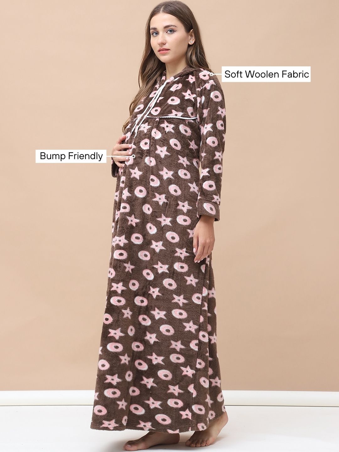 Printed Brown Woolen Maternity Nighty Full Length with Hoodie