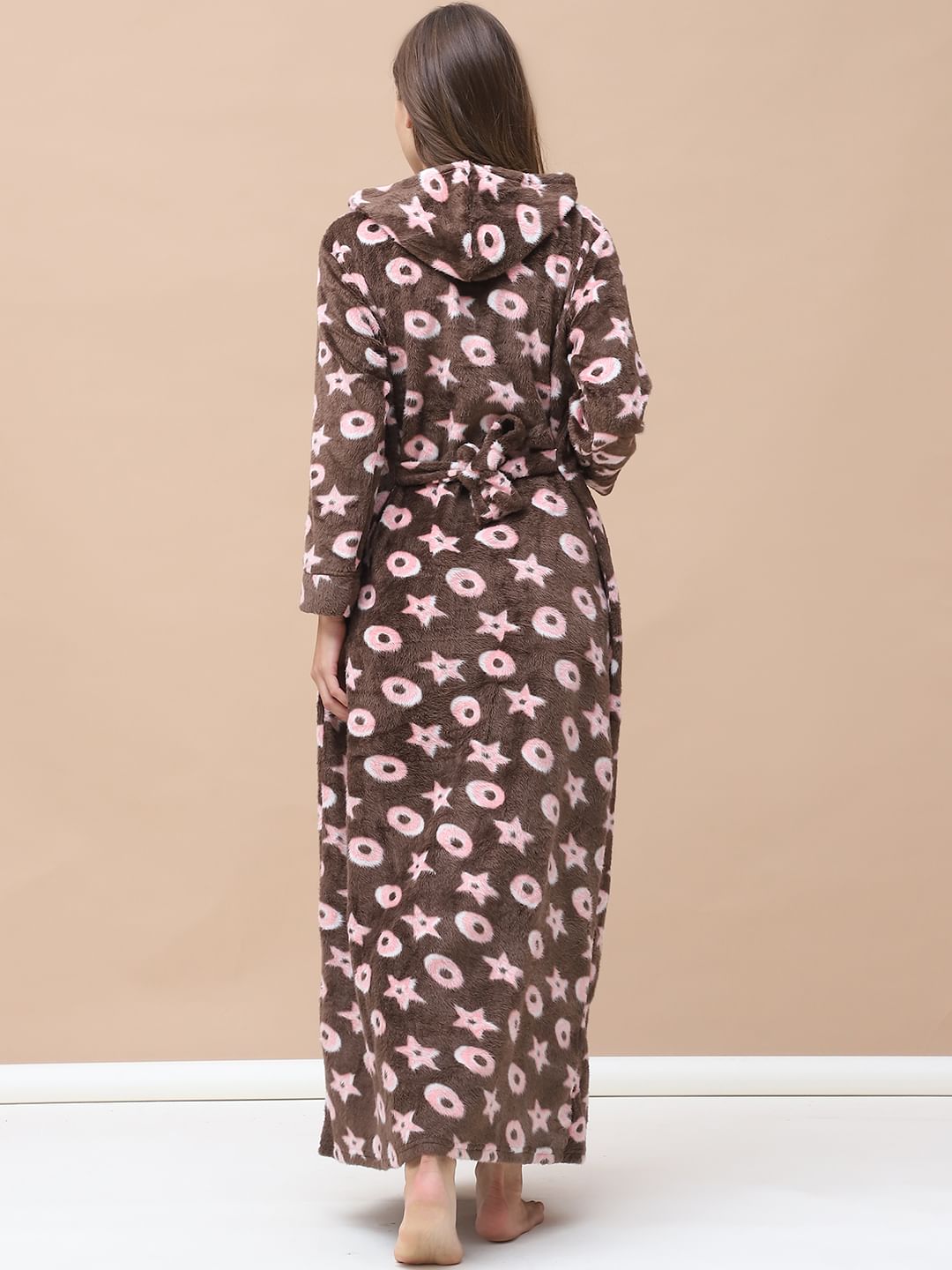 Printed Brown Woolen Maternity Nighty Full Length with Hoodie