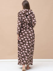 Printed Brown Woolen Maternity Nighty Full Length with Hoodie