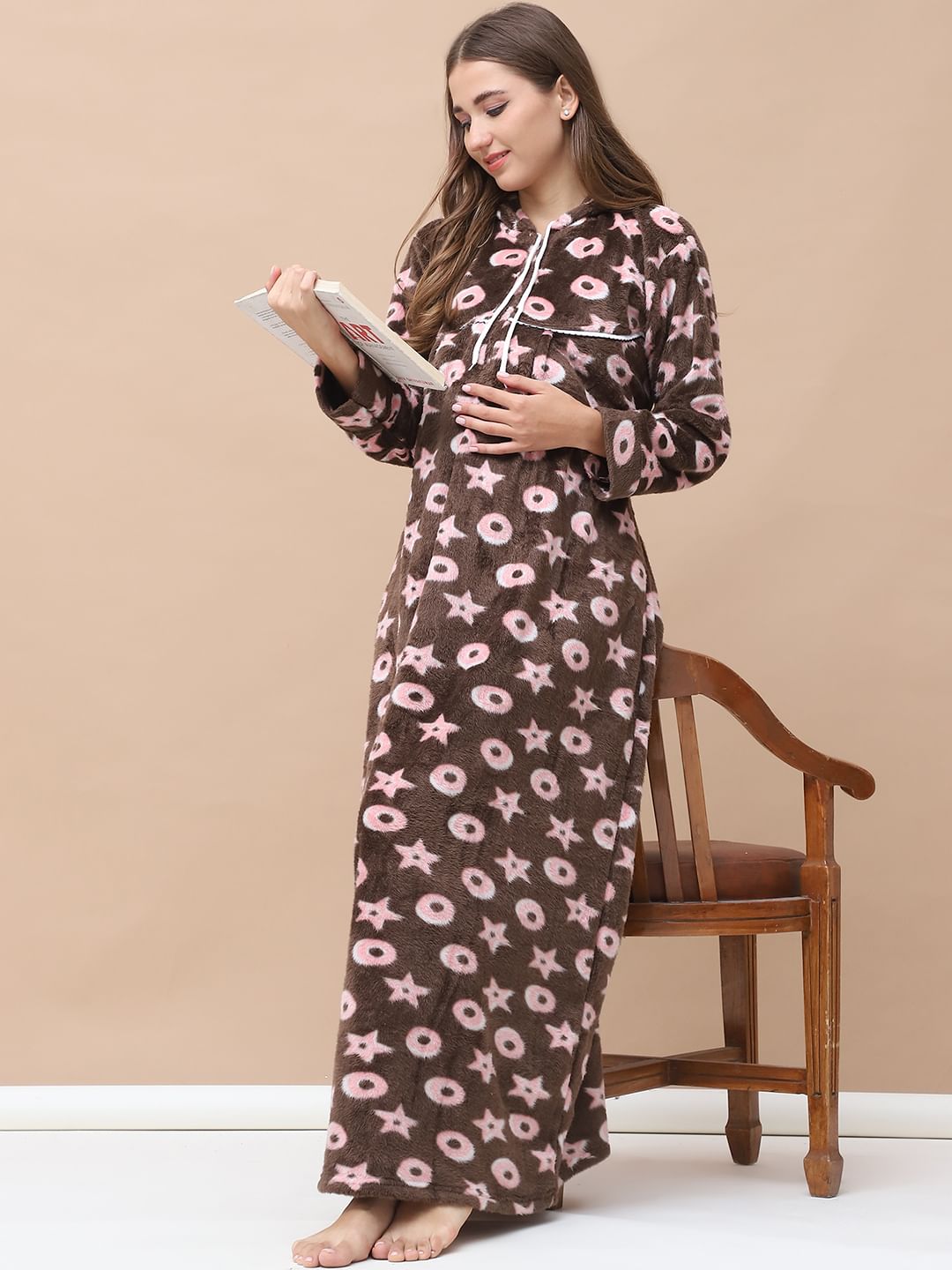 Printed Brown Woolen Maternity Nighty Full Length with Hoodie