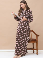 Printed Brown Woolen Maternity Nighty Full Length with Hoodie