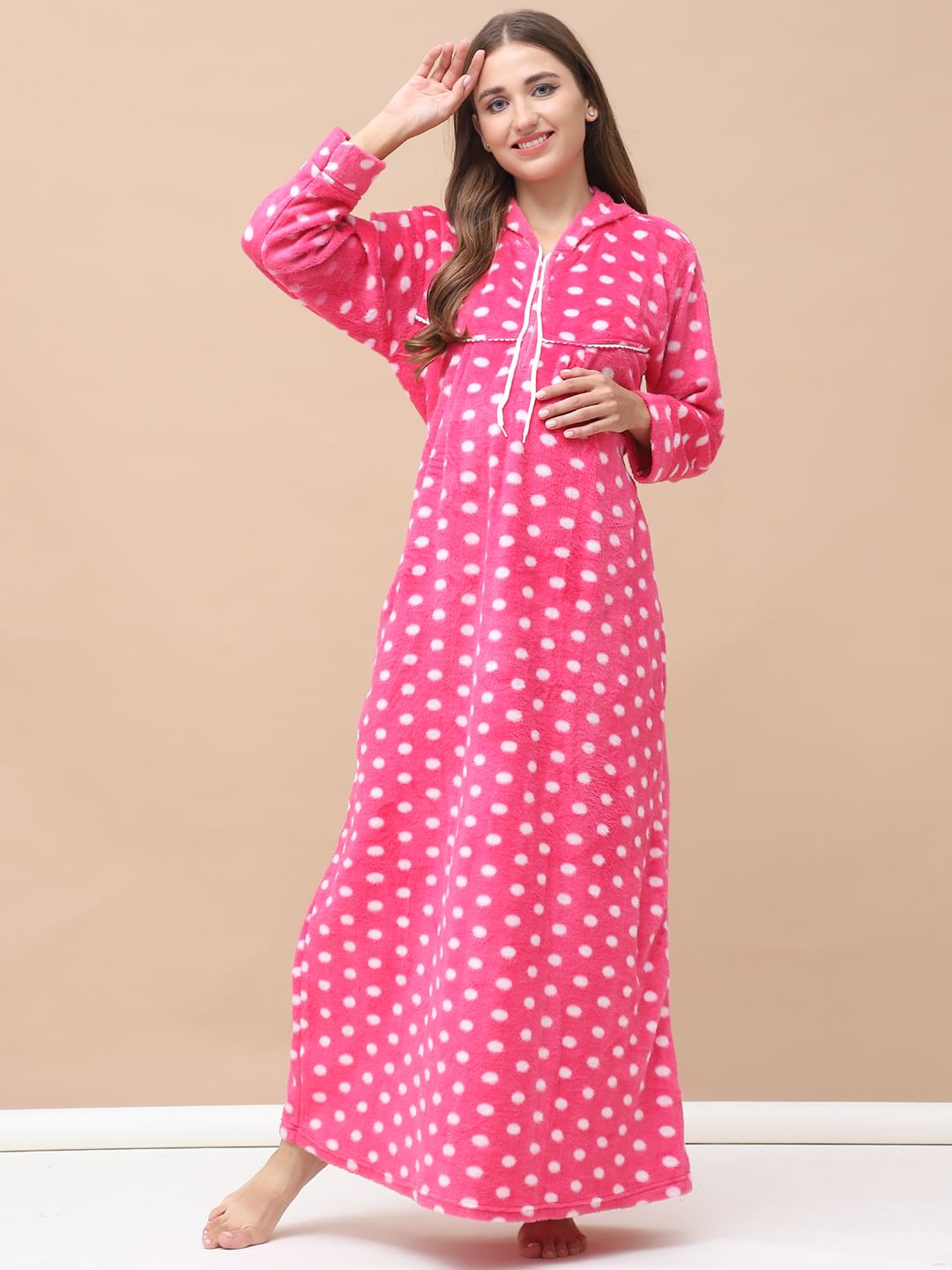 Polka Dot Pink Woolen Maternity Nighty Full Length with Hoodie