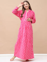 Polka Dot Pink Woolen Maternity Nighty Full Length with Hoodie