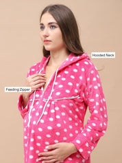 Polka Dot Pink Woolen Maternity Nighty Full Length with Hoodie