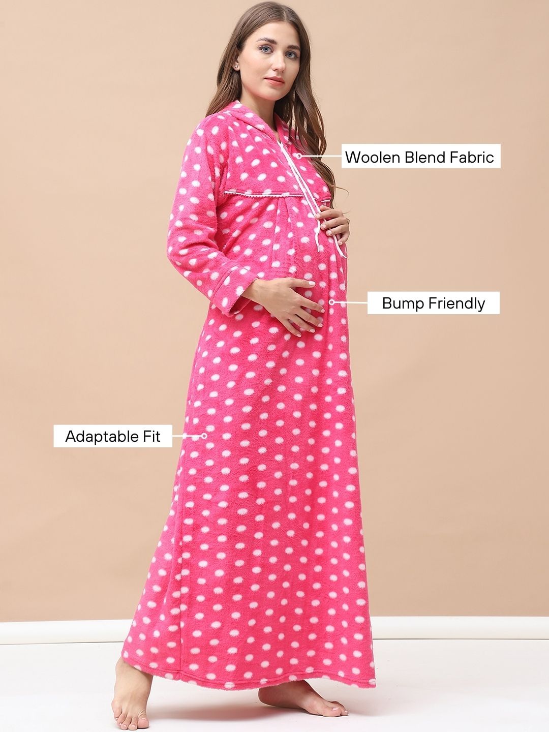 Polka Dot Pink Woolen Maternity Nighty Full Length with Hoodie