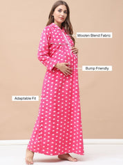 Polka Dot Pink Woolen Maternity Nighty Full Length with Hoodie