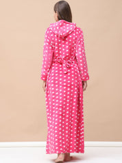 Polka Dot Pink Woolen Maternity Nighty Full Length with Hoodie