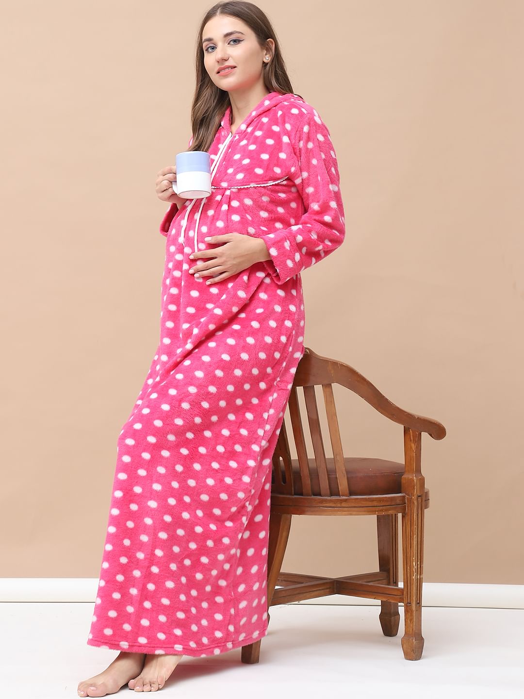 Polka Dot Pink Woolen Maternity Nighty Full Length with Hoodie