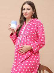 Polka Dot Pink Woolen Maternity Nighty Full Length with Hoodie