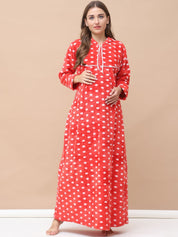 Polka Dot Red Woolen Maternity Nighty Full Length with Hoodie