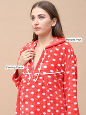 Polka Dot Red Woolen Maternity Nighty Full Length with Hoodie