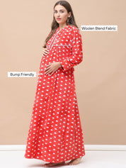 Polka Dot Red Woolen Maternity Nighty Full Length with Hoodie