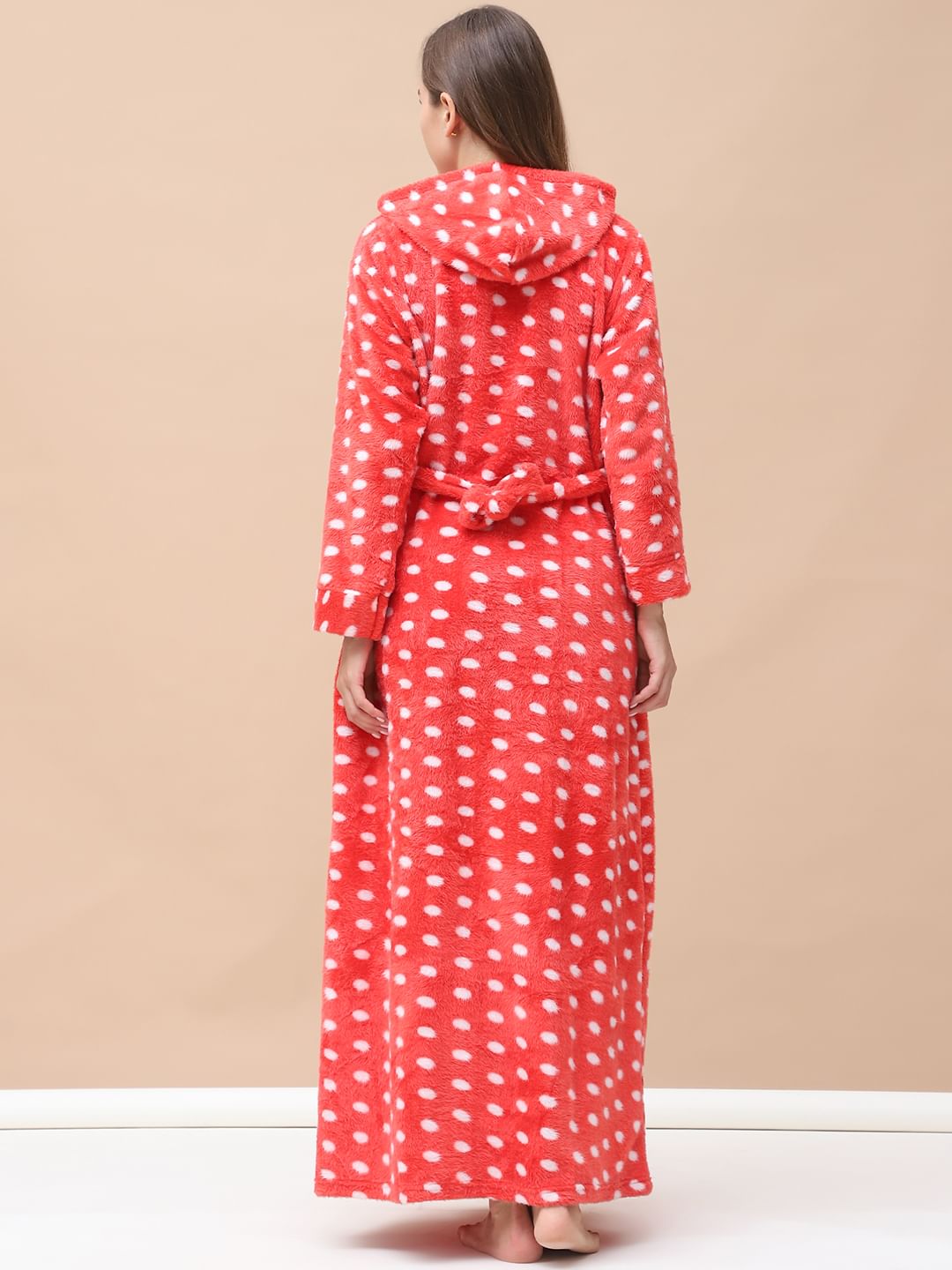 Polka Dot Red Woolen Maternity Nighty Full Length with Hoodie