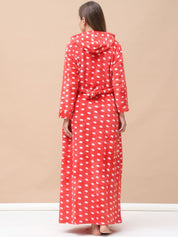 Polka Dot Red Woolen Maternity Nighty Full Length with Hoodie
