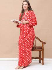Polka Dot Red Woolen Maternity Nighty Full Length with Hoodie