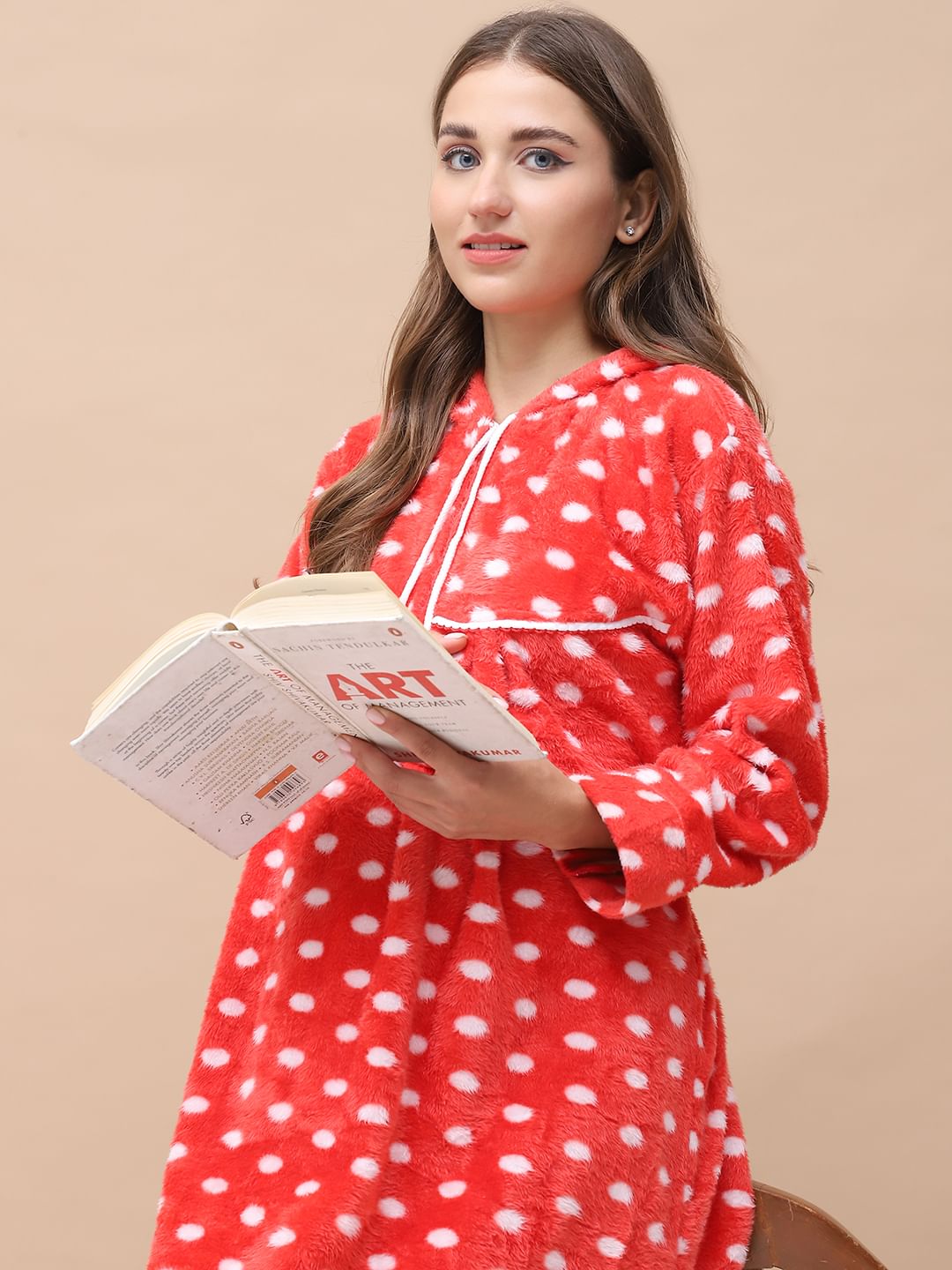 Polka Dot Red Woolen Maternity Nighty Full Length with Hoodie