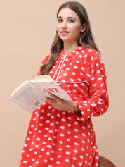 Polka Dot Red Woolen Maternity Nighty Full Length with Hoodie
