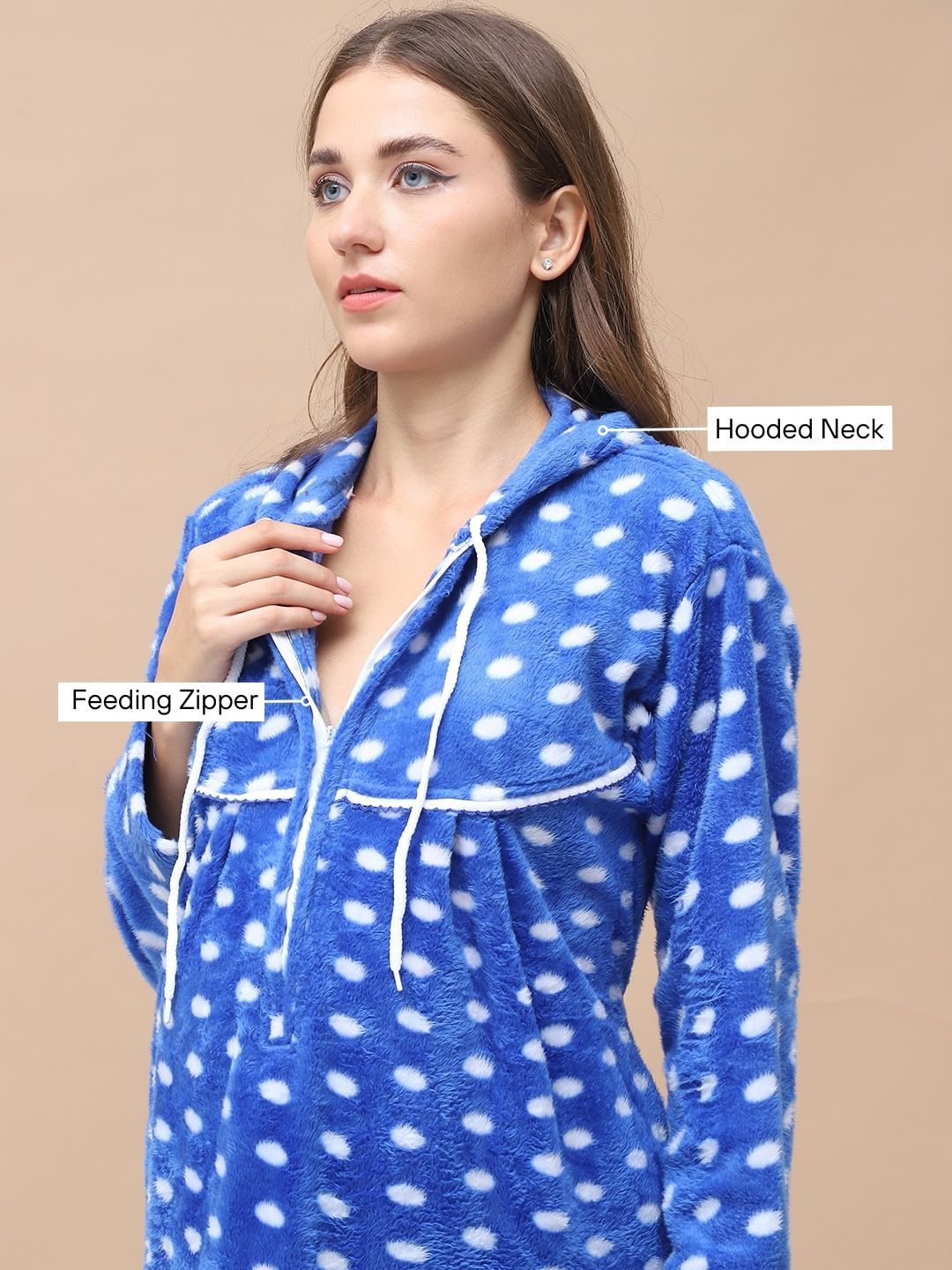 Polka Dot Blue Woolen Maternity Nighty Full Length with Hoodie