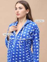 Polka Dot Blue Woolen Maternity Nighty Full Length with Hoodie