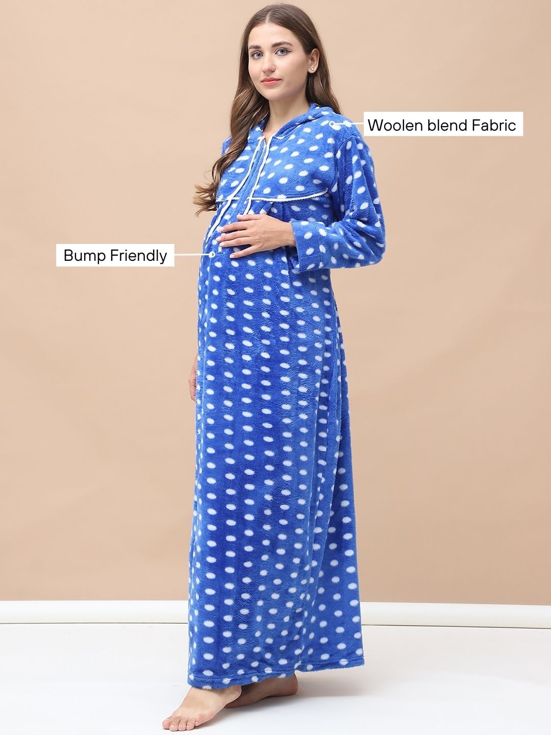 Polka Dot Blue Woolen Maternity Nighty Full Length with Hoodie