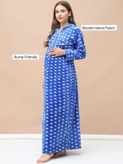 Polka Dot Blue Woolen Maternity Nighty Full Length with Hoodie
