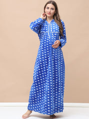 Polka Dot Blue Woolen Maternity Nighty Full Length with Hoodie