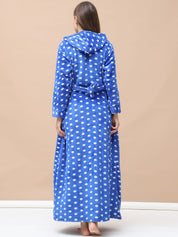 Polka Dot Blue Woolen Maternity Nighty Full Length with Hoodie