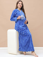 Polka Dot Blue Woolen Maternity Nighty Full Length with Hoodie