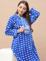 Polka Dot Blue Woolen Maternity Nighty Full Length with Hoodie