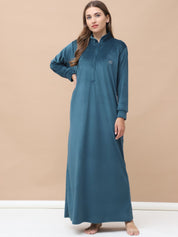 Solid Teal Velvet Maternity Velvet Nighty Full Length