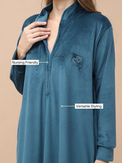 Solid Teal Velvet Maternity Velvet Nighty Full Length