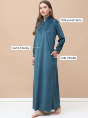 Solid Teal Velvet Maternity Velvet Nighty Full Length