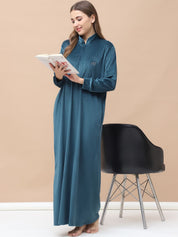 Solid Teal Velvet Maternity Velvet Nighty Full Length
