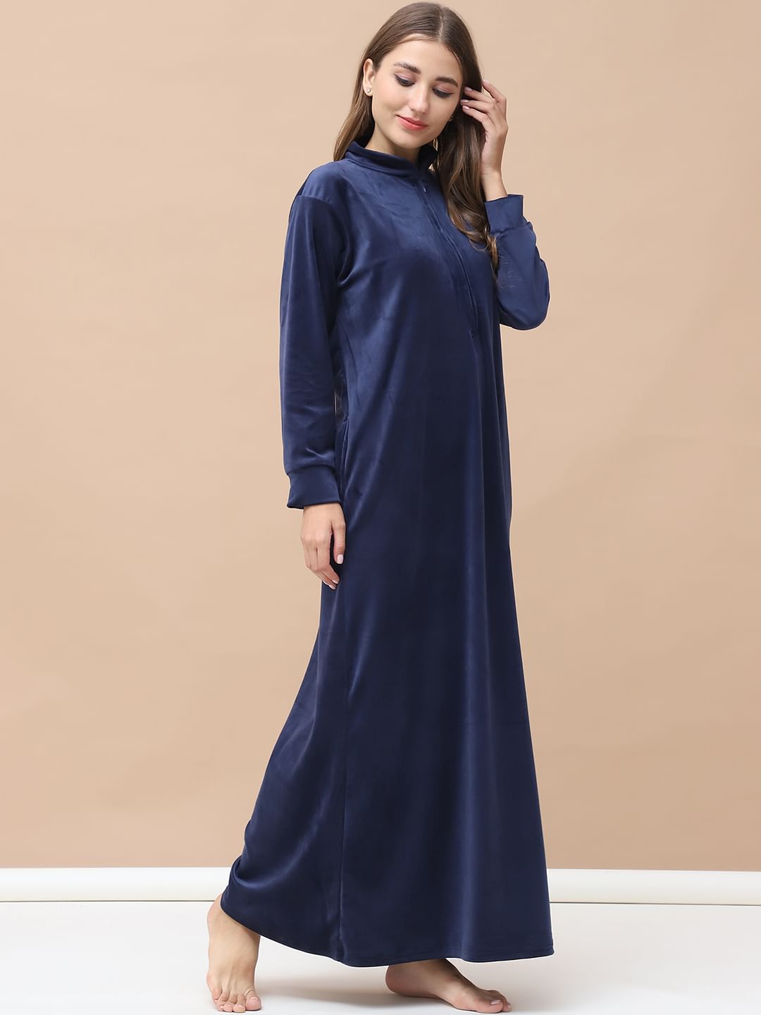 Solid Navy Blue Velvet Maternity Velvet Nighty Full Length