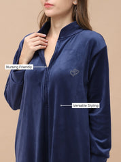 Solid Navy Blue Velvet Maternity Velvet Nighty Full Length