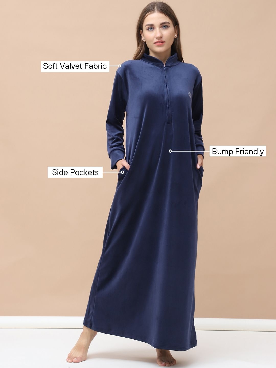 Solid Navy Blue Velvet Maternity Velvet Nighty Full Length