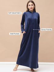 Solid Navy Blue Velvet Maternity Velvet Nighty Full Length