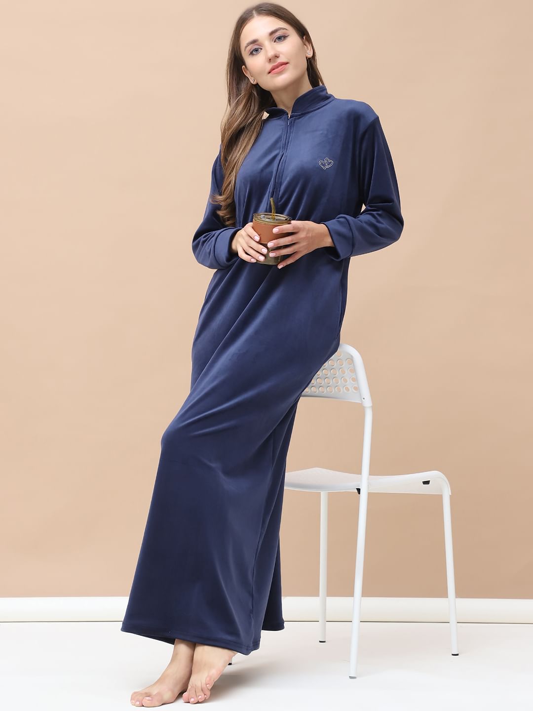 Solid Navy Blue Velvet Maternity Velvet Nighty Full Length