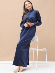 Solid Navy Blue Velvet Maternity Velvet Nighty Full Length