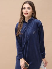 Solid Navy Blue Velvet Maternity Velvet Nighty Full Length