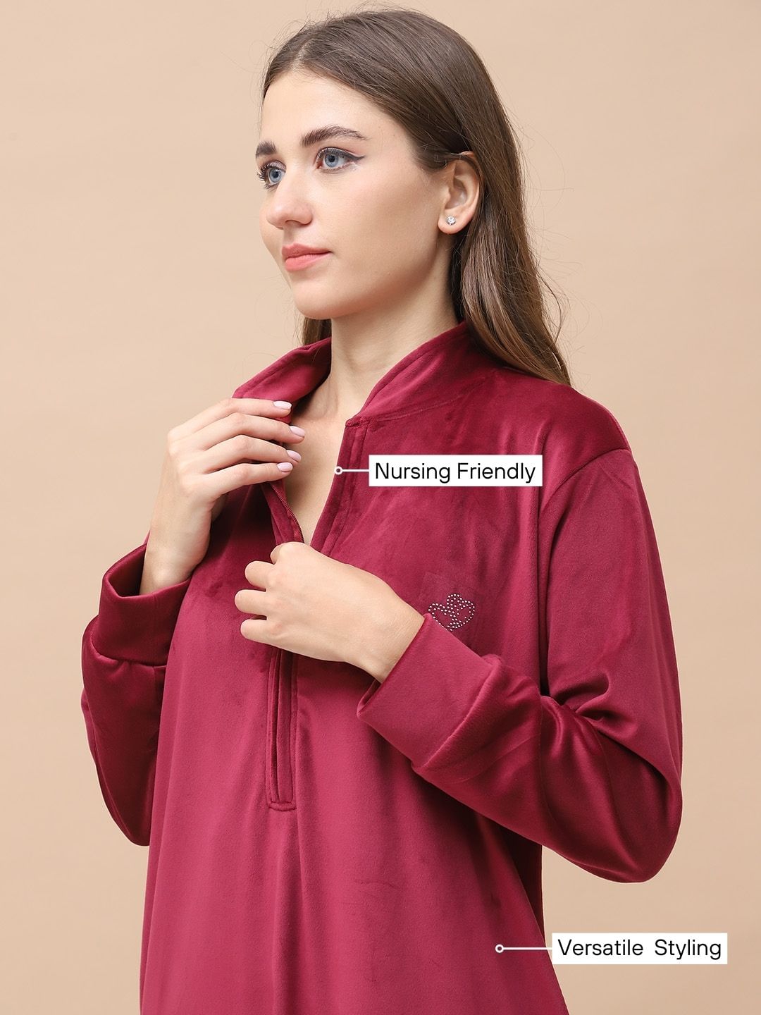 Solid Maroon Velvet Maternity Velvet Nighty Full Length