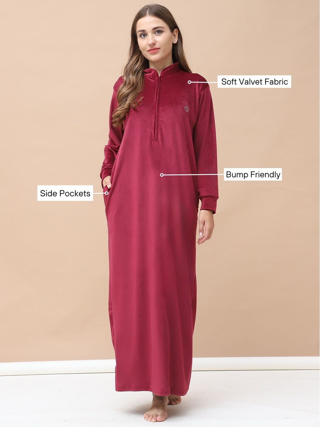 Solid Maroon Velvet Maternity Velvet Nighty Full Length