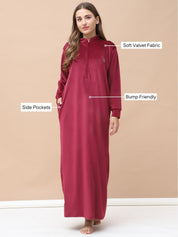 Solid Maroon Velvet Maternity Velvet Nighty Full Length