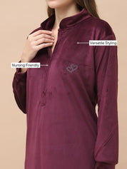 Solid Wine Velvet Maternity Velvet Nighty Full Length