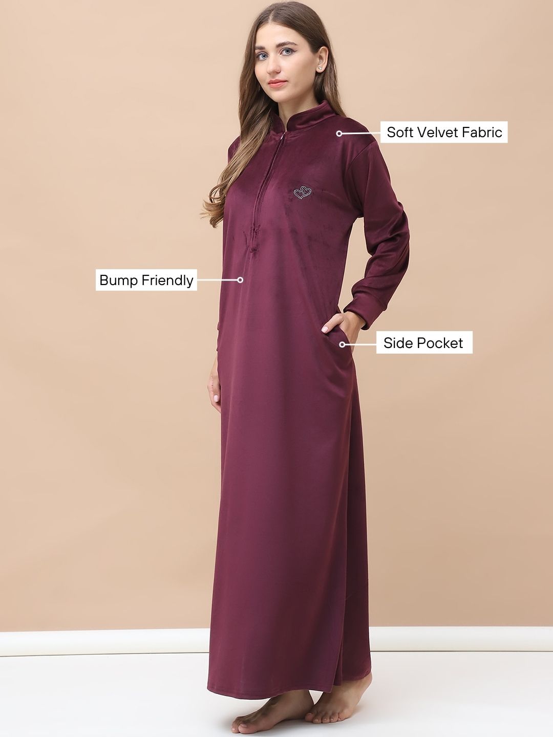 Solid Wine Velvet Maternity Velvet Nighty Full Length